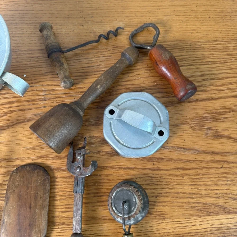 Vintage Rustic Kitchen Utensil Lot Wood Meat Tenderizer Spoon Bottle Opener 10pc